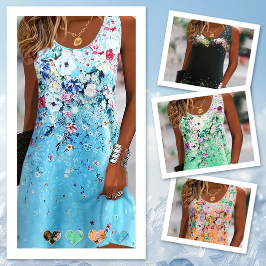 🌞Summer Essentials👗Kvinners blomster ermeløs sommerkjole